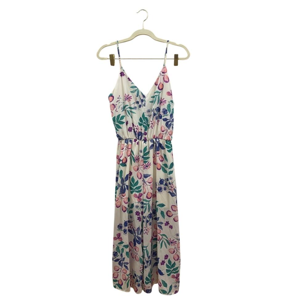 Everly White Floral V-Neck romper with Teal and Purple Accents built in shorts